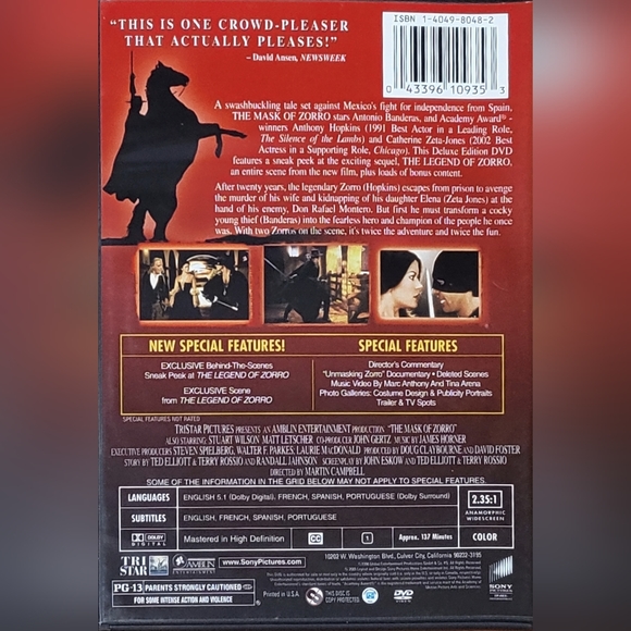 Z The Mask of Zorro widescreen deluxe edition movie DVD GUC - Picture 2 of 2